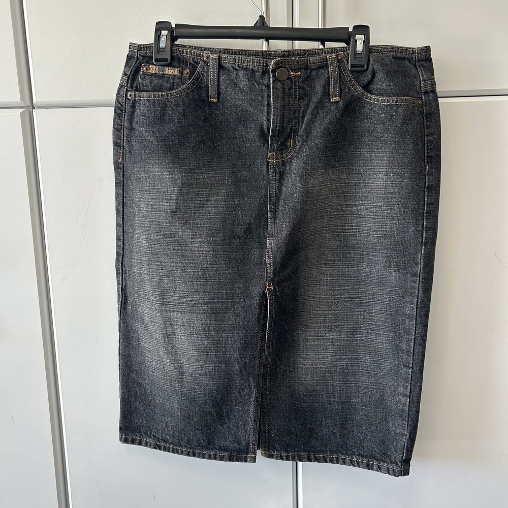 Lei iDenim Dark Wash Denim Skirt Size 13 Vintage Y2K Midi Straight Front Slit